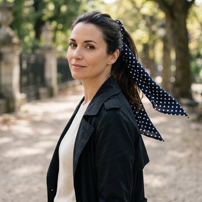 chouchou-cheveux-ruban-bleu-points-coiffure-femme-style-naturel-promenade-parc