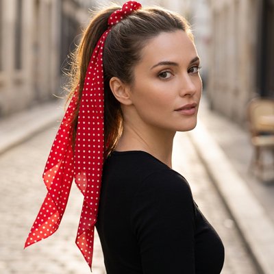chouchou-cheveux-ruban-rouge-points-coiffure-femme-style-urbain-rue-pavee