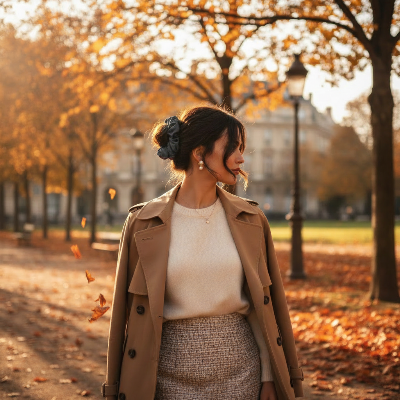 Chouchou cheveux soie gris anthracite femme automne parc feuilles dorees