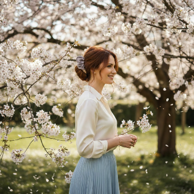 Chouchou cheveux soie gris lavande femme printemps jardin fleuri