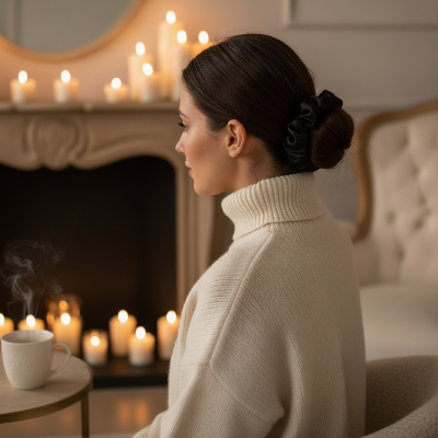 Chouchou cheveux soie noir femme hiver chignon bas interieur cosy