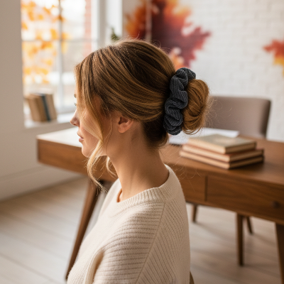 chouchou cheveux velours cote ardoise chignon automne journee travail