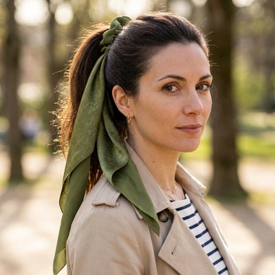 chouchou-cheveux-vert-femme-cheveux-attaches-style-elegant-soigne-exterieur-nature