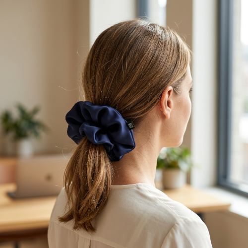 Chouchou en cheveux naturels bleu marine porte sur une queue basse par une femme en blouse ivoire dans un bureau lumineux
