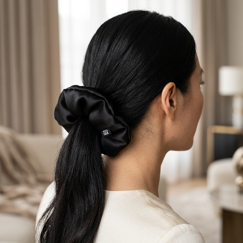 Chouchou en cheveux naturels noir porte sur une queue de cheval par une femme en tenue creme dans un interieur elegant