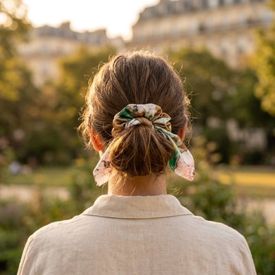chouchou-pour-cheveux-motif-floral-chignon-femme-style-naturel-lumiere-doree-urbaine