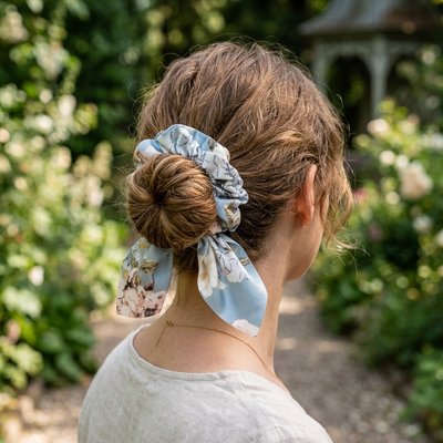 chouchou-pour-cheveux-ruban-floral-bleu-chignon-femme-style-naturel-jardin-fleuri
