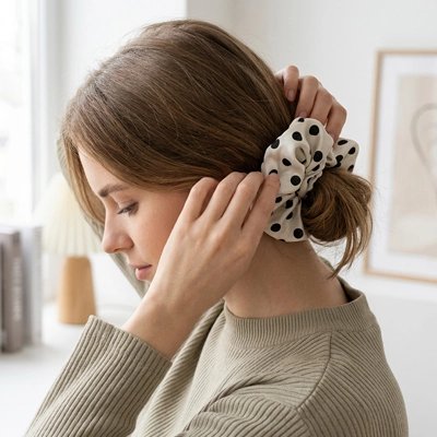 chouchou-pour-les-cheveux-blanc-pois-noirs-femme-chignon-bas-style-doux-pull-beige