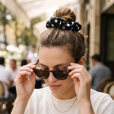 chouchou-pour-les-cheveux-noir-pois-blancs-femme-chignon-style-exterieur-ambiance-cafe