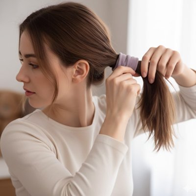 élastique-bandeau-cheveux-femme-cheveux-attaches-violet-style-simple-elegant-soigne
