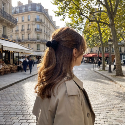 Élastique cheveux noir  femme de profil dans une rue parisienne demi chignon