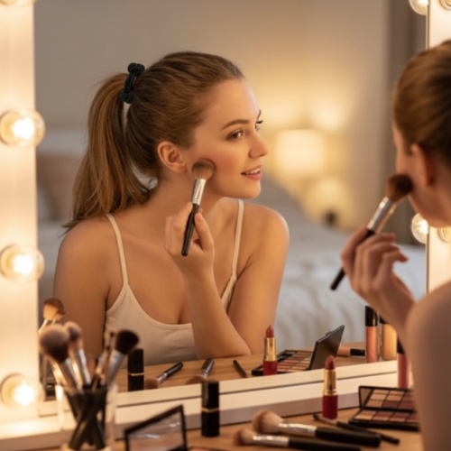 Élastique cheveux noir  femme devant miroir Hollywood appliquant du maquillage