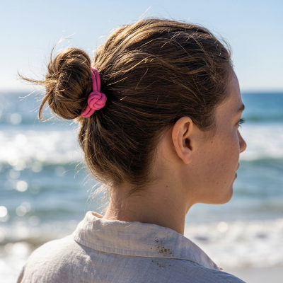 Élastique cheveux rose femme de dos a la plage avec chignon
