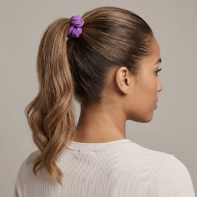 Élastique pour cheveux violet queue haute cheveux lisses profil femme
