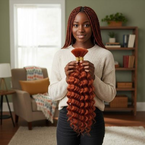 Extension cheveux  auburn aux boucles profondes presentee par une femme en pull blanc