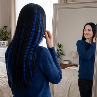 extension-cheveux-clip-bleu-vif-noir-longue-ligne-droite-style-miroir-femme