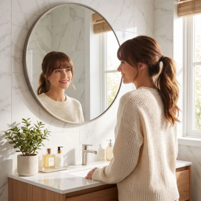 extension-cheveux-frange-synthetique-chatain-fonce-femme-devant-miroir