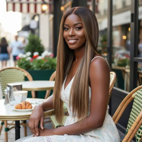 Extension cheveux longue et lisse aux reflets caramel portee par une femme assise au cafe