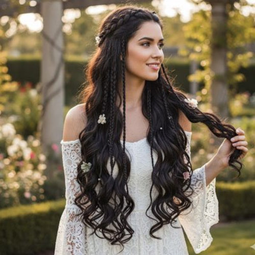 Extension de cheveux noirs avec tresses et longues boucles sur une femme en robe blanche dans un jardin