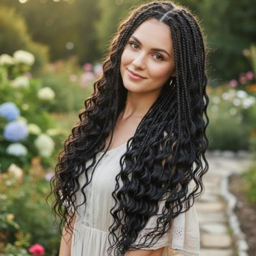 Extension de cheveux noirs tresses et boucles portee par une femme de face dans un jardin fleuri
