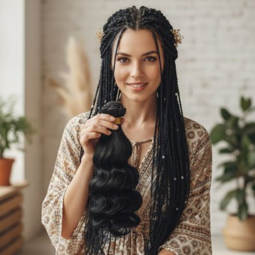 Extension de cheveux noirs ondules presentee par une femme souriante aux longues tresses