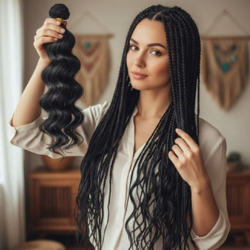 Extension de cheveux noirs ondules tenue par une femme aux cheveux longs tresses