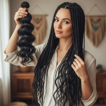 Extension de cheveux noirs ondules tenue par une femme aux cheveux longs tresses