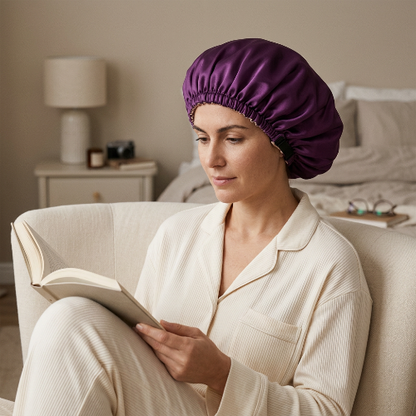 Femme lisant avec un bonnet de nuit violet