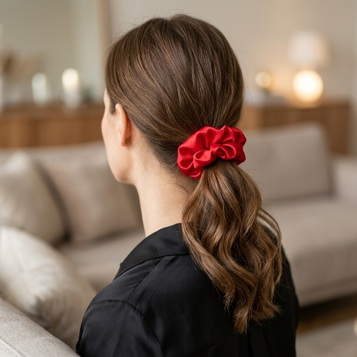 Grand chouchou cheveux soie rouge vif porte sur une queue de cheval par une femme en tenue noire dans un salon elegant