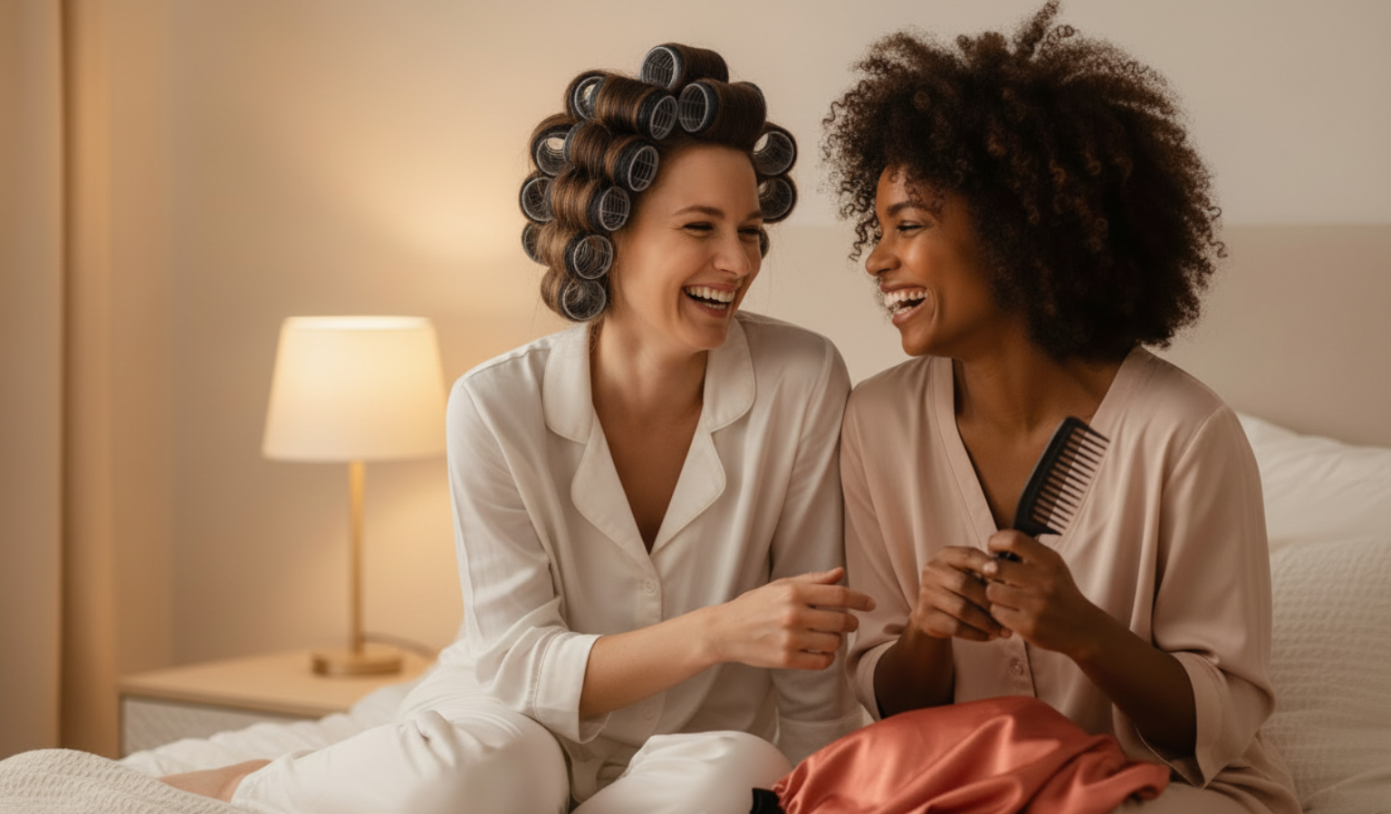 Mon geste coiffure femme en bigoudis avec amie en peigne bonnet en satin