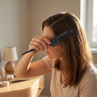 Peigne à cheveux noir pliable jeune femme dans sa chambre