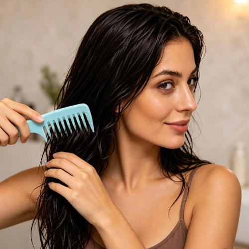 Peigne à dents larges bleu clair utilise par une femme sur ses cheveux longs mouilles