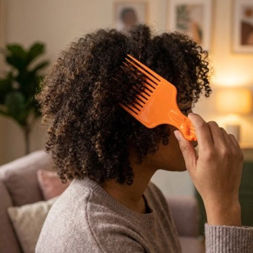 Peigne à dents larges orange utilise par une femme vue de profil sur ses cheveux boucles dans un salon