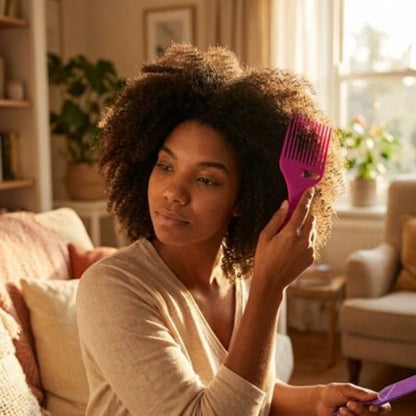Peigne à dents larges rose utilise par une femme aux cheveux afro dans un salon lumineux