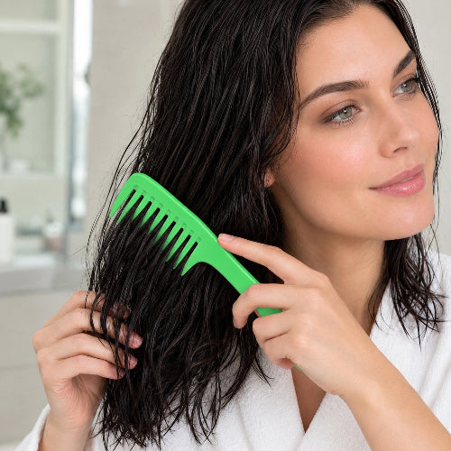 Peigne à dents larges vert utilise par une femme sur ses cheveux bruns mouilles
