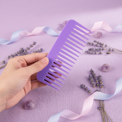 Peigne à dents larges violet antistatique tenu en main
