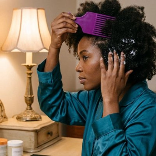 Peigne à dents larges violet utilise par une femme en peignoir bleu sur des cheveux crepus avec un soin capillaire