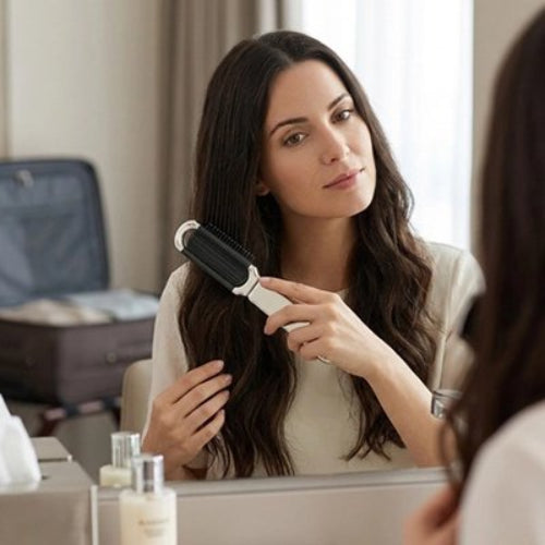 Peigne cheveux femme ouvert utilise par une femme brune pour brosser ses cheveux longs devant un miroir
