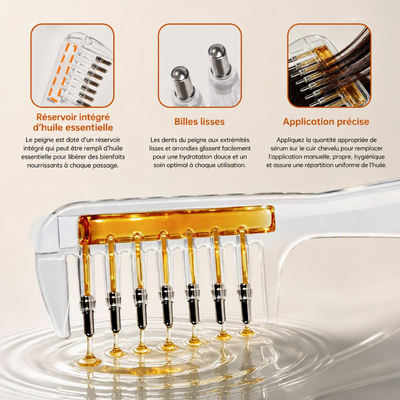 Peigne cheveux reservoir integre billes lisses application precise huile