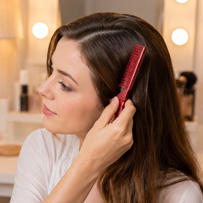 peigne-couleur-rouge-pliable-femme-cheveux-noir-devant-son-miroir