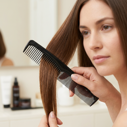 peigne dents larges et fines noir sur une meche de cheveux lisses