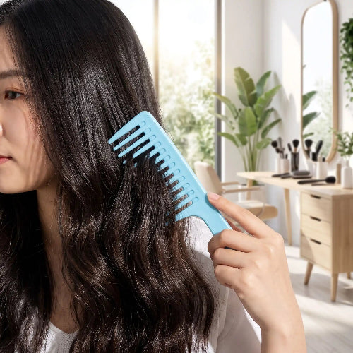 Peigne grande dent bleu clair utilise par une femme asiatique aux cheveux longs et ondules dans un salon de coiffure