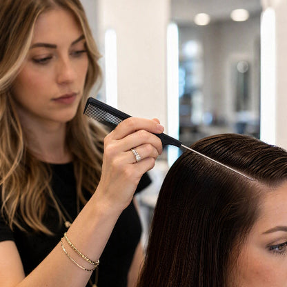 Peigne noir a queue metallique utilise par une coiffeuse pour tracer une raie sur le cote