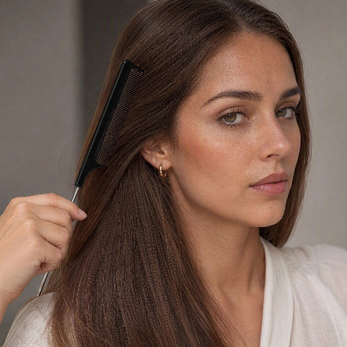 Peigne noir a queue metallique utilise par une femme sur ses cheveux longs bruns