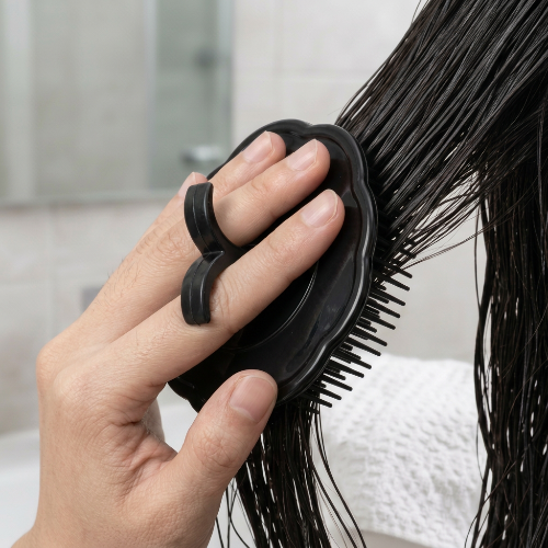 Peigne noir tenu avec les doigts sous la poignee et utilise sur une meche de cheveux humides en gros plan