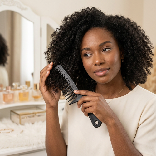 Peigne grande dent noir utilise par une femme aux cheveux epais et boucles devant une coiffeuse