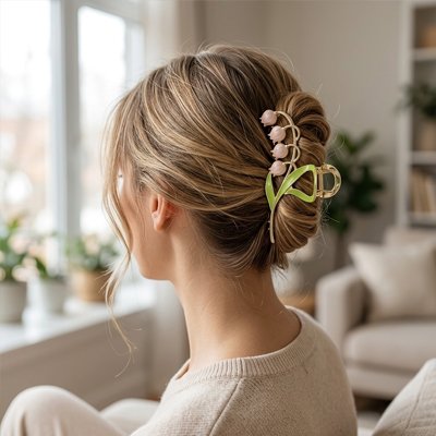 Pince a cheveux chignon fleur rose coiffure elegante femme