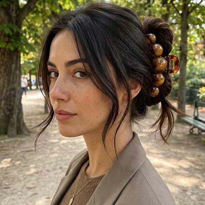 Pince-cheveux-a-perles-marron-dans-un-chignon-decontracte-femme-de-trois-quarts-dans-un-cadre-naturel-et-verdoyant