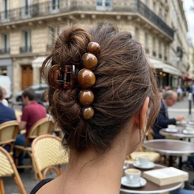 Pince-cheveux-a-perles-marron-maintenant-un-chignon-tresse-vue-de-dos-ambiance-terrasse-de-cafe-parisien