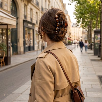Pince-cheveux-a-perles-marron-portee-par-une-femme-en-trench-coat-beige-chignon-structure-dans-une-rue-commercante-parisienne